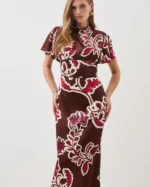 Petite Batik Viscose Satin Angel Sleeve Woven Midi Dress
