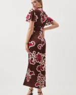 Petite Batik Viscose Satin Angel Sleeve Woven Midi Dress