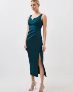 Petite Tailored Italian Structured Satin Corset Detail Maxi Dress