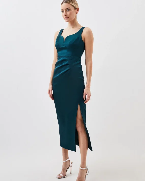 Petite Tailored Italian Structured Satin Corset Detail Maxi Dress