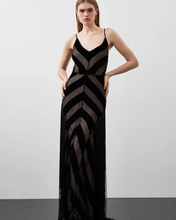 Fringed Velvet Devore Woven Maxi Dress