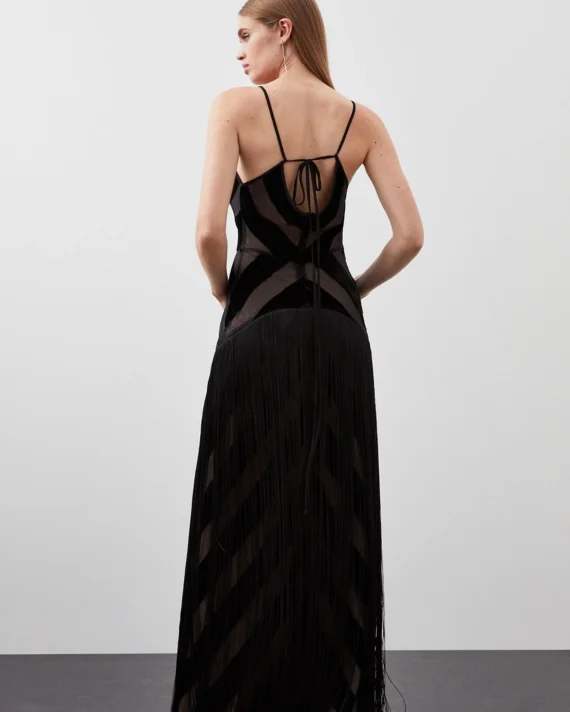 Fringed Velvet Devore Woven Maxi Dress